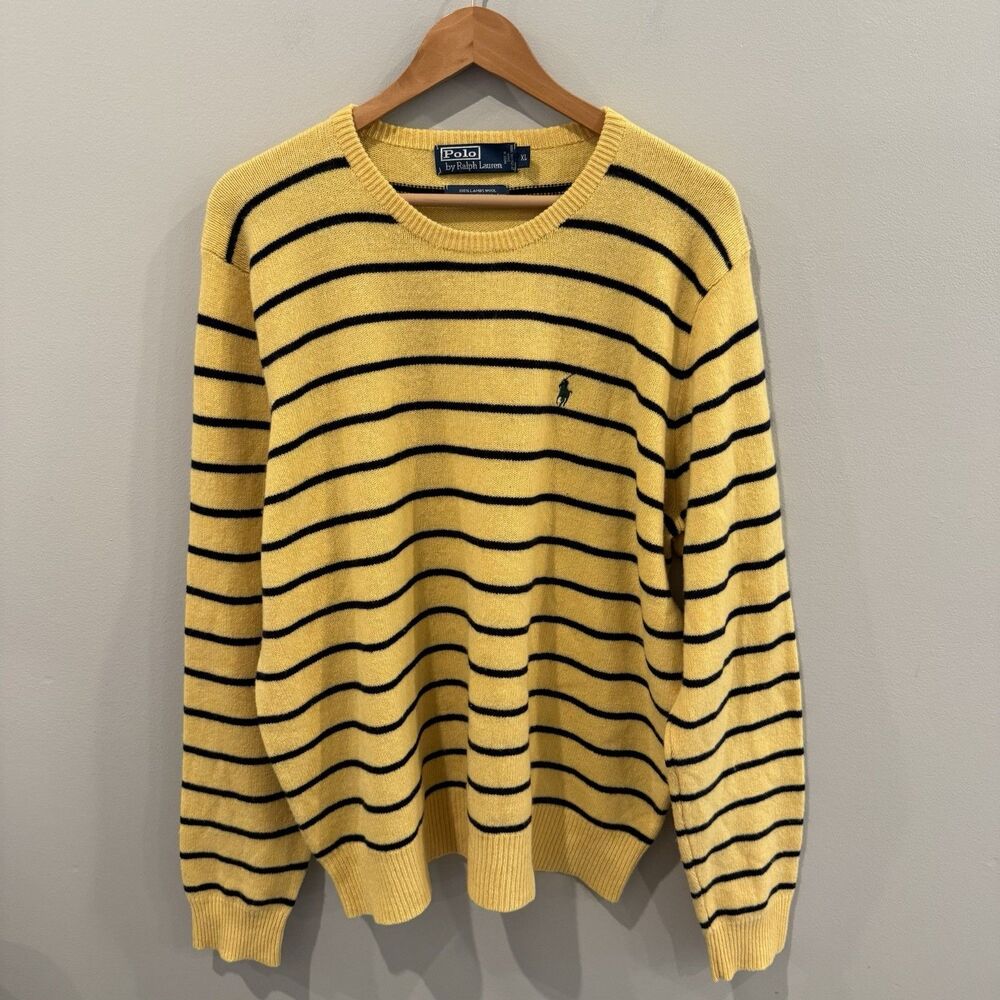Vintage Polo Sweater 100% Italian Lambs Wool XL Yellow Navy Blue Stripe Preppy